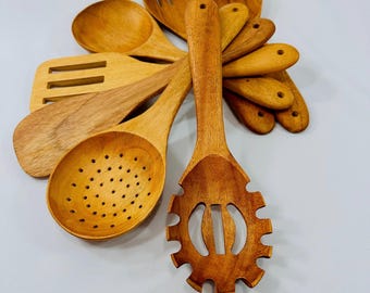 Juego de cucharas de madera de caoba y teca: utensilios resistentes al calor de 5 piezas