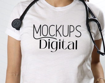 Nurse Shirt Mockup-with Stethoscope Mockup-White Shirt Mockup-3001 Model Mockup-Healthcare Mockup-Boho Mockup-Nurse Tshirt Mockup-Doctor