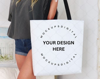 Aop Tote Bag  Mockup-Printify Mockup-Aop Tote Bag Mockup-All Over Print Tote Bag-Tote Bag Size Mockup-Mock Up-Bag-Black Handle Tote Bag