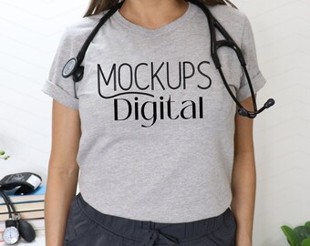Athletic Heather Mockup- Bella Canvas 3001- Nurse Mock-up- Tshirt Mockup-Heather Gray Shirt Mock - Model Mockup- Grey T-Shirt Mockup