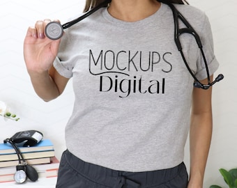 Athletic Heather Mockup- Bella Canvas 3001- Nurse Mock-up- Tshirt Mockup-Heather Gray Shirt Mock - Model Mockup- Grey T-Shirt Mockup