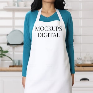 May include: A white apron with the text "MOCKUPS DIGITAL" printed on the front. The apron is being worn by a person in a teal blue shirt.