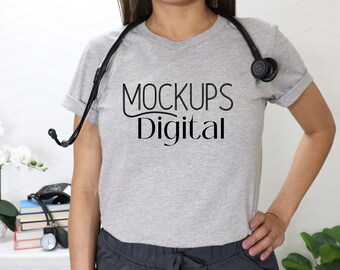 Athletic Heather Mockup- Bella Canvas 3001- Nurse Mock-up- Tshirt Mockup-Heather Gray Shirt Mock - Model Mockup- Grey T-Shirt Mockup