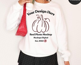 White Gildan 18000 Sweatshirt Mockup Fall Sweatshirt Mockup Spring 18000 Preppy Mockup 18000 Y2K 18000 Video Size Chart Sweatshirt Mockup