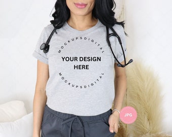 Krankenschwester Shirt Mockup mit Stethoskop Athletisch Heather Bella Canvas 3001 Modell Mockup Apotheke Mockup Boho Mockup Nurse Tshirt Mockup Doktor