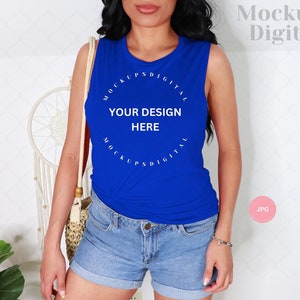 Bella Canvas 8803 True Royal Mockup 8803 Tank Top Bella Canvas 8803 Tabla de tallas Maqueta de camisa fluida para mujer Maqueta de tanque muscular para mujer Verano