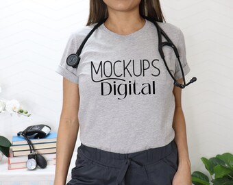 Athletic Heather Mockup- Bella Canvas 3001- Nurse Mock-up- Tshirt Mockup-Heather Gray Shirt Mock - Model Mockup- Grey T-Shirt Mockup