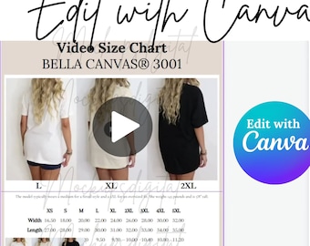Bella Canvas 3001 Video Size Chart Edit with Canva Bella Canvas 3001 Size Chart Oversized Video Size Chart Canva Size Chart 3001 Mockup