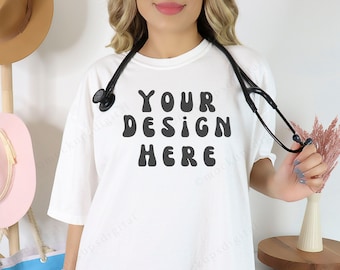 Comfort Colors Mockup Weiß Krankenschwester MockUp Comfort Colors 1717 Oversized Mockup Arzt T Shirt Mockup Stethoskop Mockup Veterinär Mockup