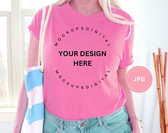 Charity Pink Bella Canvas 3001 Mockup Beach Shirt Mockup Spring Break Mockup 3001 Charity Pink Bella Canvas 3001 Mockup Summer Mockup Trendy