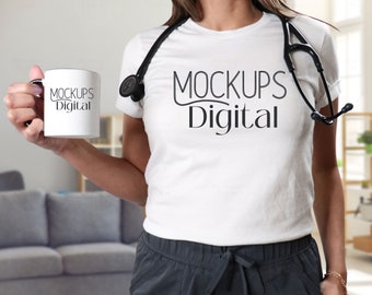 Nurse Shirt Mockup-with Stethoscope Mockup-White Shirt Mockup-3001 Model Mockup-Healthcare Mockup-Boho Mockup-Nurse Tshirt Mockup-Doctor