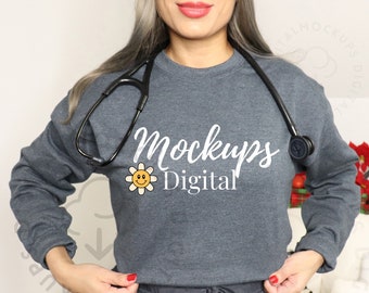 Nurse Sweatshirt Mockup, Gildan 18000 Mockup, Nurse Shirt Mockup, Scrub Mockup, Nurse Shirt Mockup, 18000 Sleeve Mockup, Stethoscope Mockup