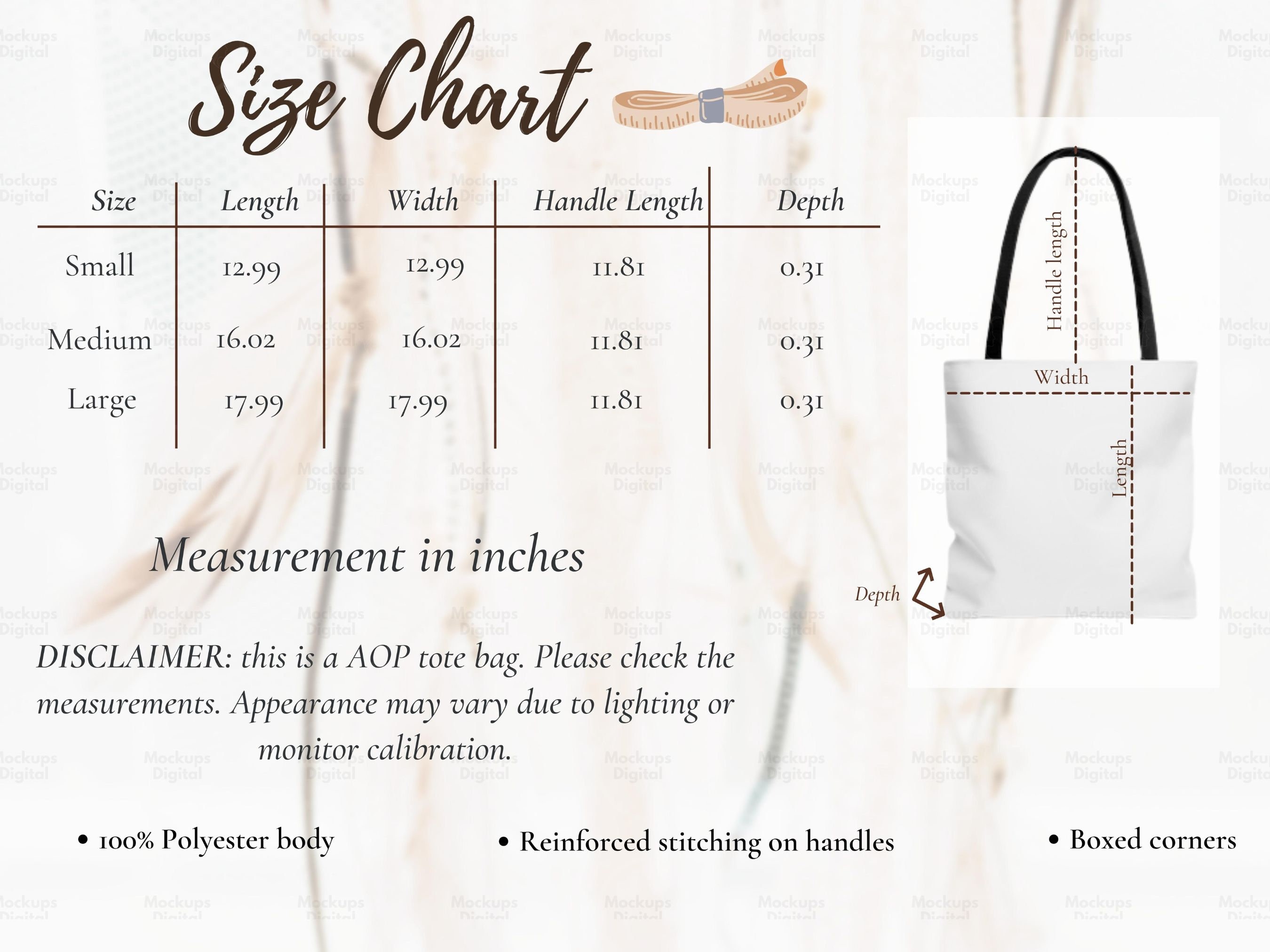 Tote bag size chart, size chart for tote bag, tote bag mockup and size  chart, neutral background tote bag size guide, tote bag