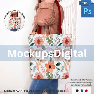 Könnte beinhalten: Eine Frau hält eine weiße Einkaufstasche mit einem Blumenmuster. Die Tasche hat rote Henkel. Der Text "Mockups Digital" ist auf die Tasche gedruckt. Der Text "Change the color of the handle" befindet sich in einem Kreis über der Tasche. Der Text "Recommended for Patterns" befindet sich auf der rechten Seite der Tasche. Der Text "These are the colors that you can change the handles to." befindet sich unter dem Text "Recommended for Patterns". Unter dem Text befinden sich drei farbige Kreise. Die Kreise sind schwarz, blau und rot.