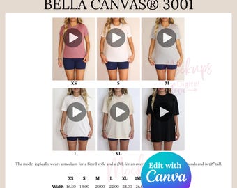 May include: A size chart for Bella Canvas 3001 t-shirts, showing the measurements for each size: XS, S, M, L, XL, 2XL. The chart includes width, length, and sleeve measurements in inches.