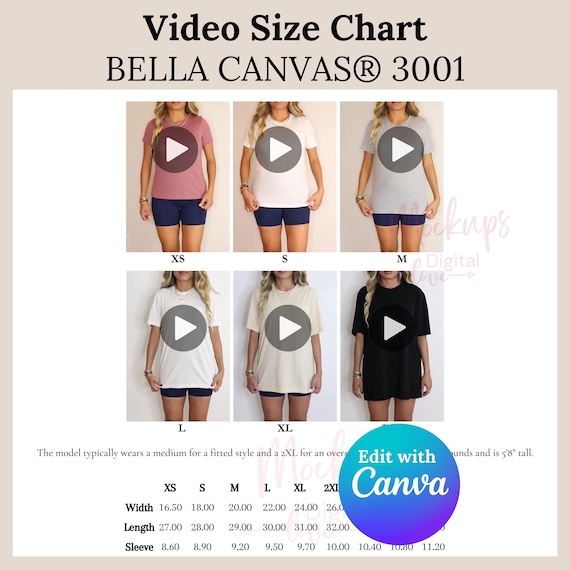 Editable Bella Canvas 3001 Video Size Chart Bella Canvas 3001 Video Canva Editable Video Size Chart Video Size Guide 3001 Bella Size Chart