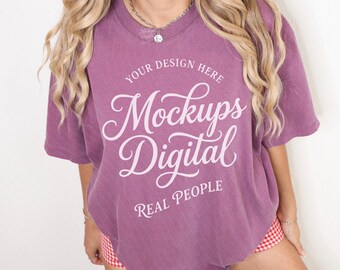 Berry Comfort Colors 1717 Real Model T-shirt Mockup 1717 Berry Shirt Mock POD Template (Digital Download)