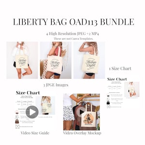 May include: A digital bundle for tote bag mockups, featuring 3 JPEG images, 4 high-resolution JPEGs, and 2 MP4 files. The mockups showcase a cream-coloured tote bag with the text "Mockups Digital Real People". A size chart and video guides are also included.