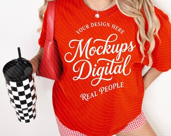 Red Comfort Colors 1717 Real Model Trendy T-shirt Mockup 1717 Red Shirt Mock POD Template (Digital Download)