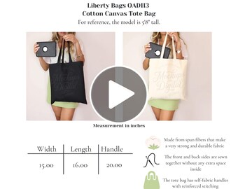 Tote Bag Video Mockup, Canvas Tote Bag Size Chart Video, Liberty Bags OAD113 Mockup, Black and Natural Tote, Real Model, Printify POD