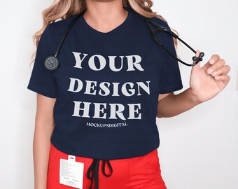Marinblå 3001 Mockup Sjuksköterske-T-shirt Mockup 3001 Blå Mockup Bella Canvas 3001 Blå Medicinsk Mockup Bella Canvas 3001 Läkare Mockup Medicinsk Mockup