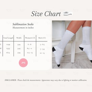 May include: Size chart for sublimation socks with measurements in inches for total length, width, women's US shoe size, and men's US shoe size. The chart shows sizes S, M, and L.