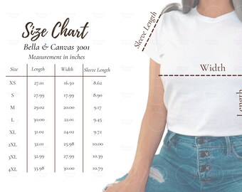 Bella Canvas 3001 Size Chart, Bella and Canvas 3001 Size Chart, Size Chart Mockup, Unisex Size Chart, Size Chart, Printify Size Chart