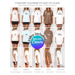 Comfort Colors 1717 サイズガイド 編集可能な 1717 サイズガイド C1717 POD サイズ比較 Canva テンプレートチャート Comfort Colors 特大サイズチャート