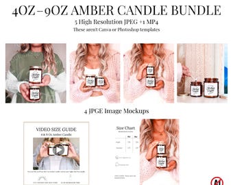 Printify Amber Glass Candle Mockup Bundle Video Size Guide 4 oz 9 oz Candle Golden Lid Jar Candle Mockup Candle Label 9oz Amber Candle Size