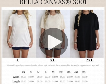Bella Canvas 3001 Video Size Chart Bella Canvas 3001 Size Chart Oversized Video Size Chart Retro Mockup Size Guide 3001 Bella Size Reference