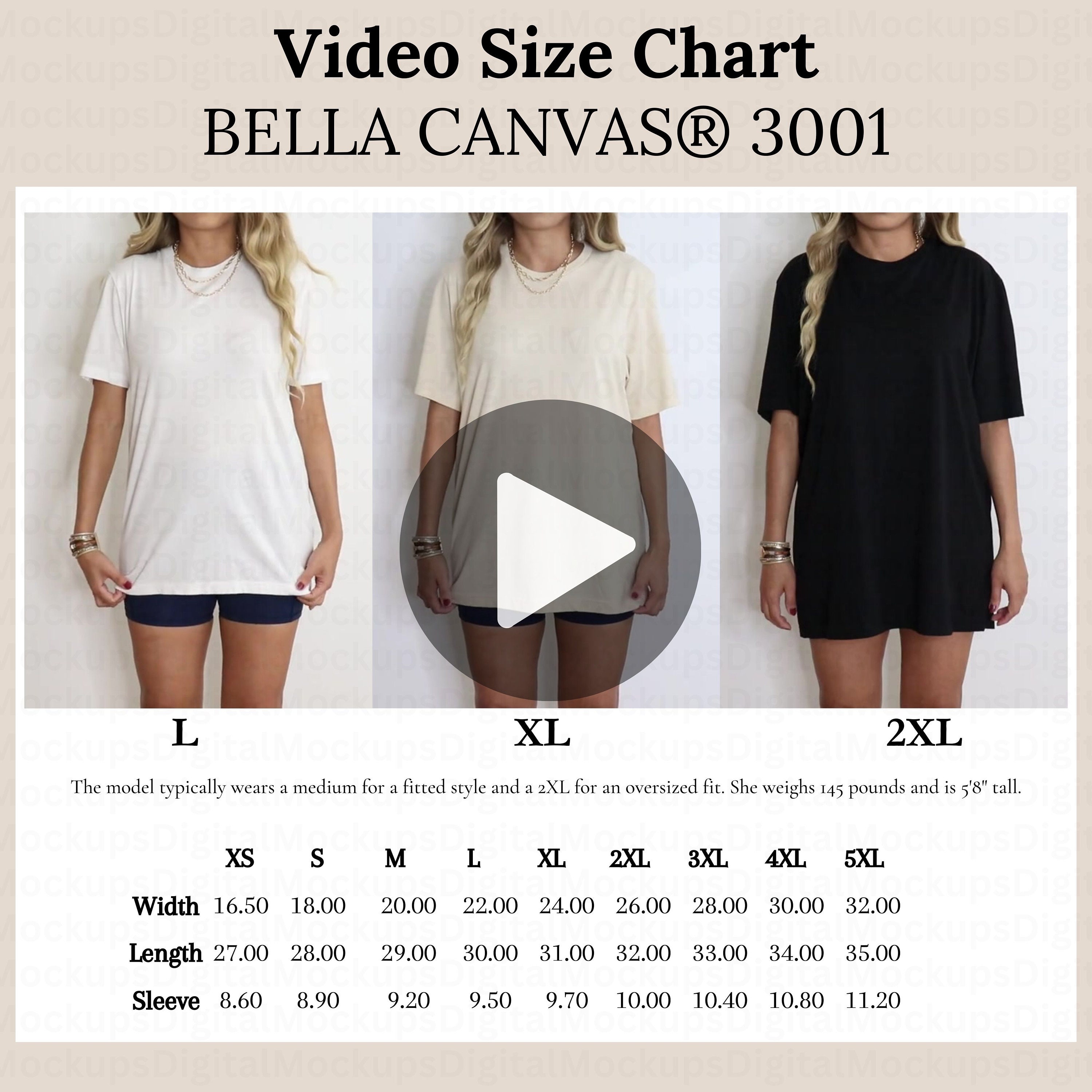 Bella Canvas 3001 Video Size Chart Bella Canvas 3001 Size Chart Oversized Video Size Chart Retro Mockup Size Guide 3001 Bella Size Reference
