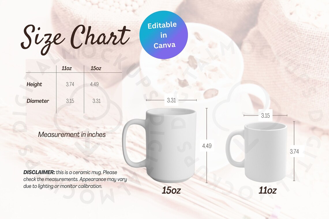 Mug Size Chartcup Size Chart Template11oz15ozmug Size Etsy