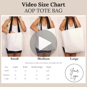 Aop Tote Bag Video Größentabelle AOP Tote Video Größentabelle Aop Tote Größentabelle All Over Print Tote Bag Größe Mockup Schwarzer Griff Tote Größentabelle