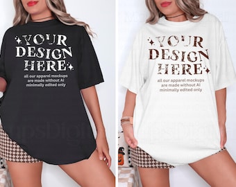 May include: Two women's oversized t-shirts with short sleeves. The shirts are white and black with the text "YOUR DESIGN HERE" and "all our apparel mockups are made without AI minimally edited only" printed on them.