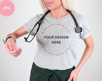 Doctor Mockup Healthcare Mockup Nurse Shirt Mockup with Stethoscope Athletic Heather Bella Canvas 3001 Model Mockup Nurse Tshirt Mockup