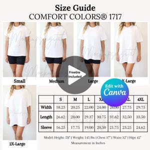 Comfort Colors 1717 ビデオ サイズ表 - 編集可能 - CC1717 ビデオ モックアップ - 実モデル モックアップ - T シャツ サイズガイド - サイズ比較表 - サイズガイド