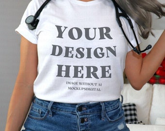 Nurse Shirt Mockup-Stethoscope Mockup-White Shirt Mockup-3001 Model Mockup-Healthcare Workers Mockup-Boho Mockup-Nurse Tshirt Mockup-Doctor