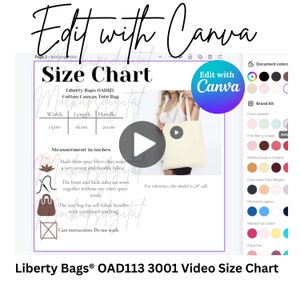 Tabella delle taglie della borsa Liberty Video Mockup Modifica con Canva Mockup delle dimensioni della borsa tote in tela di cotone Guida alle taglie della borsa tote naturale Tabella delle taglie della borsa tote Boho