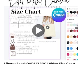 Maqueta de vídeo de la tabla de tallas de Liberty Bag Editar con Canva Maqueta de bolsa de lona de algodón Guía de tallas de bolsas de tela natural Tabla de tallas de bolsas de tela boho