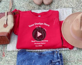Red Gildan 18000 Video Mockup Fall Video Mockup Halloween Sweatshirt Mockup Western Video Mockup Long Sleeve Video Mock Up