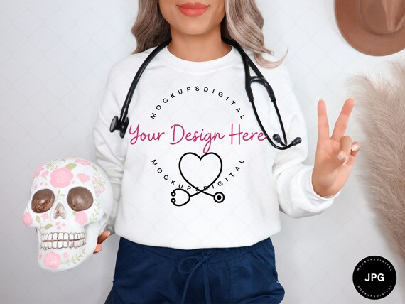 Nurse Mockup Gildan 18000 White Sweatshirt Mockup White Sweatshirt Mockup Gildan 18000 Mockup Medical White Mockup Halloween Gildan Mockup