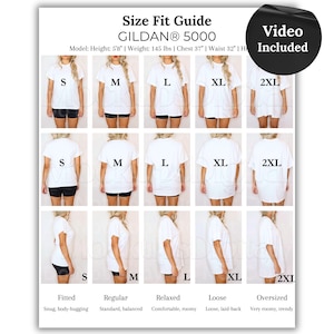 May include: A size fit guide for Gildan 5000 t-shirts. The guide shows models wearing white t-shirts in sizes S, M, L, XL, and 2XL. The guide includes the model's height at 5'8", weight at 145 lbs, chest at 37", and waist at 32".