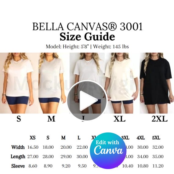 Editable Bella Canvas 3001 Video Size Chart Bella Canvas 3001 Video Mockup Oversized Video Size Chart 3001 Size Guide 3001 Bella Size Chart