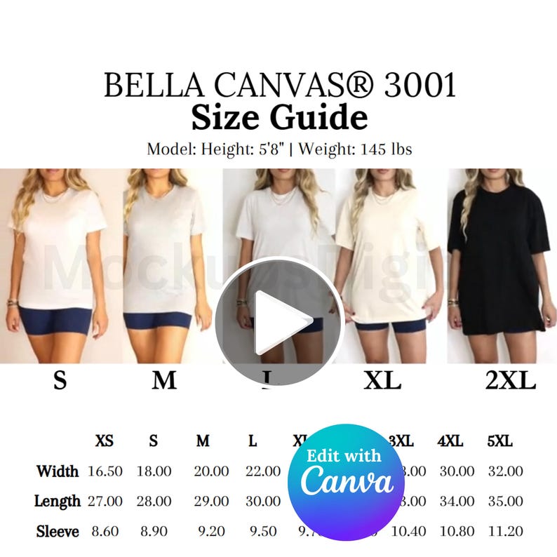 Editable Bella Canvas 3001 Video Size Chart Bella Canvas 3001 Video Mockup Oversized Video Size Chart 3001 Size Guide 3001 Bella Size Chart