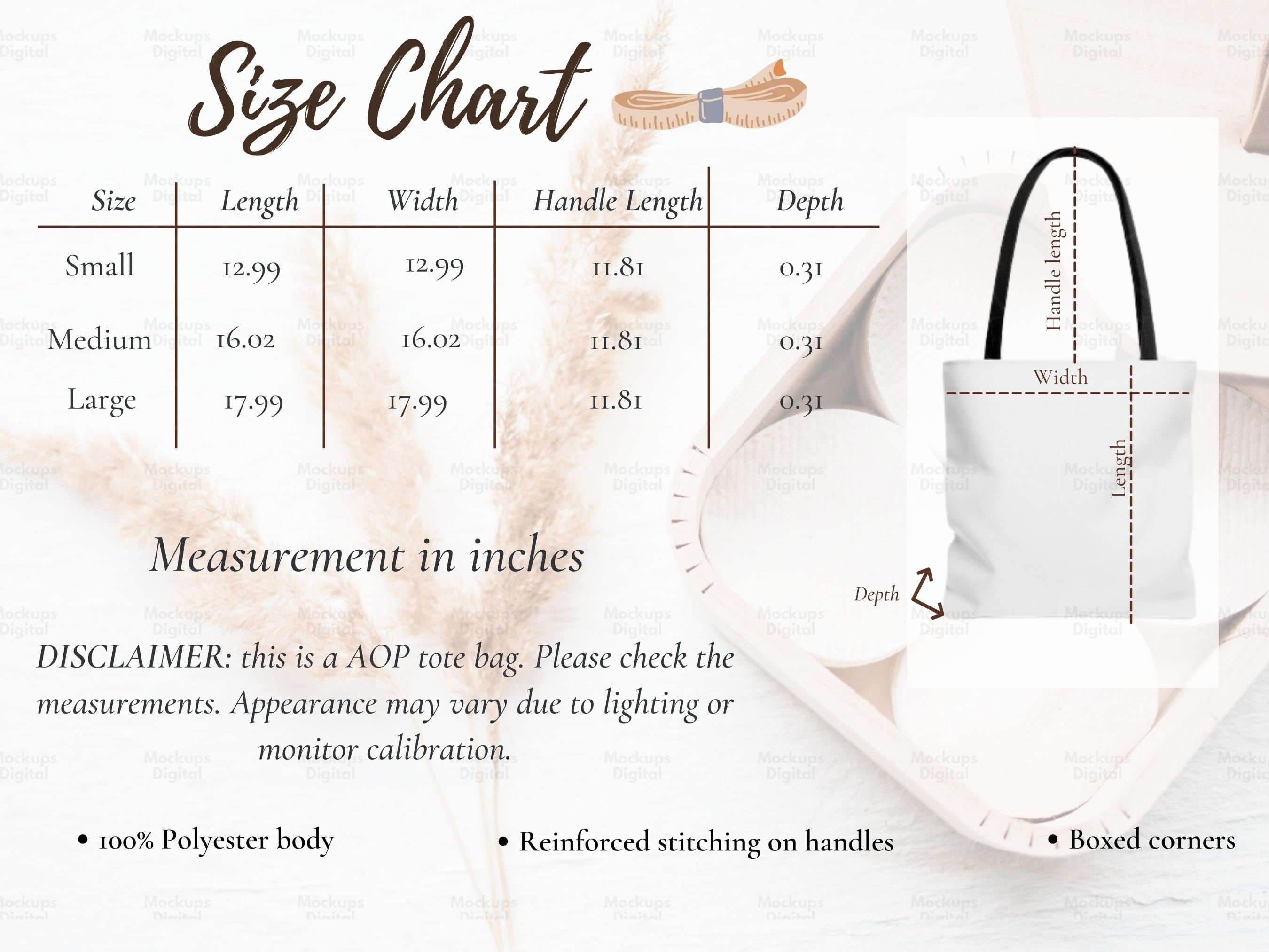 Tote bag size chart, size chart for tote bag, tote bag mockup and size  chart, neutral background tote bag size guide, tote bag