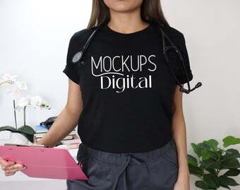 Nurse Bella Canvas 3001 Tshirt Mockup- Black Shirt Mockup- Trendy Mockup- Womens Tee Mock- White T-Shirt Mockup- White Tshirt Mockup