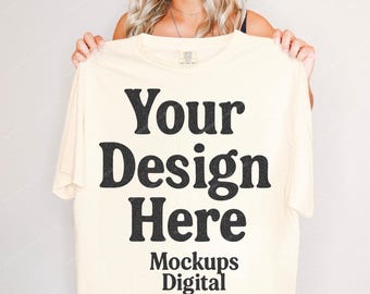 Comfort Colors 1717 Ivory Mockup, Real Model Holding Tshirt Mockup, C1717 Ivory Shirt Mockup, Oversized Unisex Tee, Real Photo No AI, POD