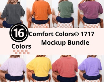 May include: A mockup bundle of 16 different colored t-shirts. The t-shirts are all the same style, a short-sleeved, cropped t-shirt. The t-shirts are shown on models wearing black shorts. The text "Comfort Colors® 1717 Mockup Bundle" is displayed on the image.