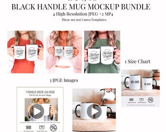 Accent Mug Mockup Bundle  11 oz 15 oz Black Handle Mug Video Size Guide Coffee Mug  Size Chart Mockup Coffee Cup Mockup