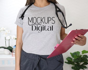 Athletic Heather Mockup- Bella Canvas 3001- Nurse Mock-up- Tshirt Mockup-Heather Gray Shirt Mock - Model Mockup- Grey T-Shirt Mockup